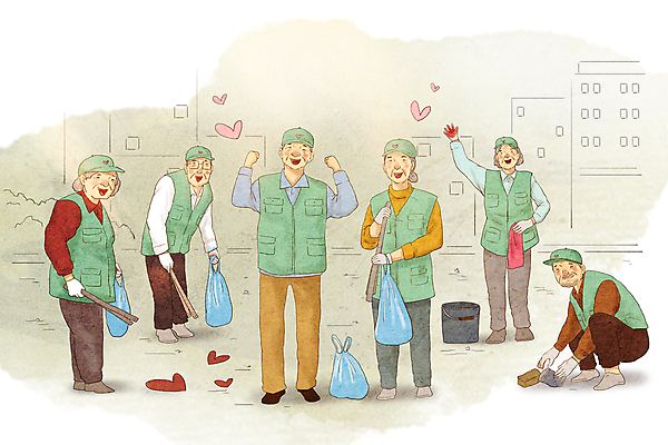 전신 PSD 여자 할아버지 노년 남자 행복 할머니 일러스트 집게 서기 웃음 들기 앉기 여러명 손들기 파이팅 하트 청소 양동이 노인복지 실버취업 아르바이트 쓰레기봉투 고령화 쓰레기줍기 환경미화 노인만 공공근로 국내일러스트 모양 감정 다수 모션 봉투 표정 사람 성인 환경 구직 사회이슈 복지 정부정책 성인만 파일형식 줍기