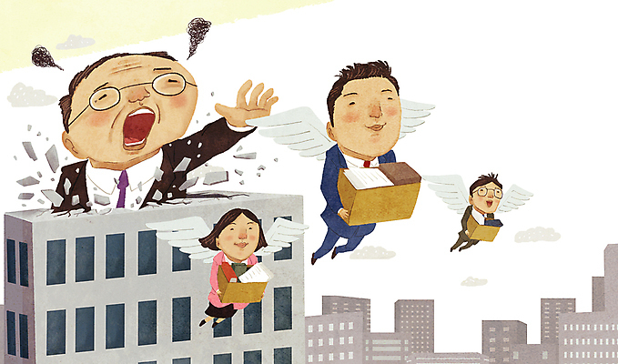 전신 PSD 구름 여자 남자 날개 일러스트 회사 웃음 들기 여러명 성인 건물 상자 손상 비행 비즈니스맨 비즈니스우먼 사장 손뻗기 서운함 아쉬움 성인만 이직 국내일러스트 자연요소 건축물 감정 다수 컨셉 비즈니스 모션 표정 사람 직장인 파일형식