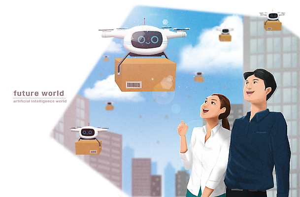 PSD 구름 여자 남자 일러스트 미래 빌딩 상반신 성인 두명 로봇 배송 택배 디지털산업 택배상자 로봇산업 드론 성인만 무인택배 미래산업 AI_인공지능 국내일러스트 자연요소 산업 컨셉 사람 건물 상자 디지털 운송업 무인기계 파일형식