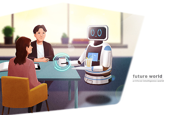 전신 PSD 여자 남자 의자 일러스트 창문 탁자 미래 들기 앉기 성인 두명 컵 카페 로봇 서빙 디지털산업 로봇산업 성인만 무인매장 AI_인공지능 국내일러스트 식기 산업 가구 컨셉 모션 사람 상점 디지털 파일형식