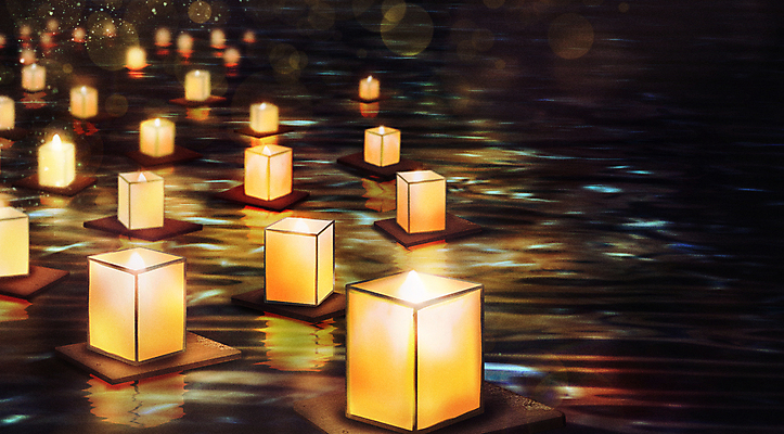 PSD 백그라운드 야경 일러스트 사람없음 빛 강 노란색 검은색 기도 등불 소원 등불축제 국내일러스트 컬러 조명 축제 야간 파일형식 풍경_경치