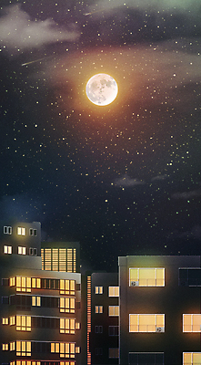 PSD 구름 별 백그라운드 야경 일러스트 아파트 사람없음 건물 검은색 주황색 달 도시 편안함 국내일러스트 자연요소 건축물 컬러 주택 감각 야간 파일형식 풍경_경치