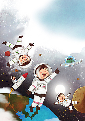 전신 PSD 여자 남자 행복 지구 어린이 일러스트 상상 웃음 소녀 소년 여러명 태양 우주 희망 로켓 외계인 달 비행 승차 어린이날 UFO 우주복 어린이만 국내일러스트 자연요소 옷 기념일 감정 다수 모션 표정 사람 미확인물체 파일형식