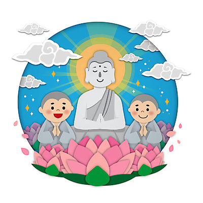 구름 남자 꽃잎 어린이 하늘색 일러스트 연꽃 소년 상반신 두명 태양 부처님오신날 동자승 부처 승복 합장 석불 소년만 국내일러스트 AI파일 자연요소 기념일 꽃 불교 사람 손짓 파란색 승려 불상 남자만 어린이만 파일형식 벡터