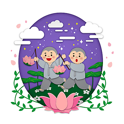 전신 구름 남자 꽃잎 어린이 줄기 일러스트 연꽃 들기 소년 두명 보라색 부처님오신날 원형 연잎 동자승 연등 승복 소년만 국내일러스트 AI파일 자연요소 도형 식물 기념일 꽃 컬러 잎 모션 사람 등불 승려 불교용품 남자만 어린이만 파일형식 벡터