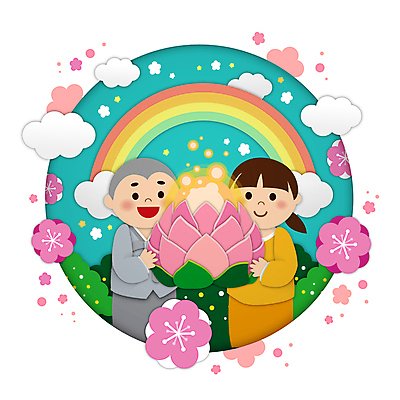 구름 여자 남자 어린이 하늘색 무지개 일러스트 연꽃 들기 소녀 소년 상반신 두명 부처님오신날 벚꽃 원형 동자승 승복 어린이만 국내일러스트 AI파일 자연요소 도형 기념일 꽃 모션 사람 파란색 승려 파일형식 벡터