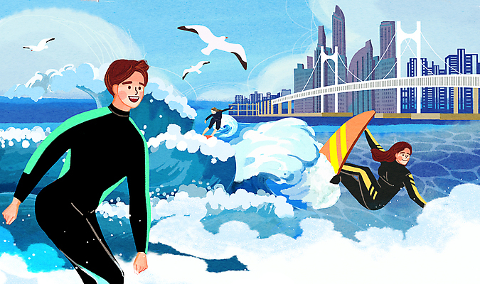 전신 PSD 부부 여자 남자 파도 일러스트 갈매기 세마리 성인 건물 세명 파란색 도시 서핑보드 서핑 부산 광안대교 국내여행 해운대 성인만 국내일러스트 건축물 커플 바다 컬러 여행 조류 한국 3 사람 다리_건축물 수상스포츠 보드_스포츠 파일형식