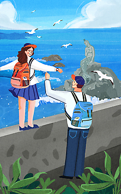 전신 PSD 부부 여자 남자 바다 일러스트 갈매기 팔벌리기 서기 성인 해변 두명 파란색 산책로 회색 바위 풀 부산 국내여행 인어동상 성인만 국내일러스트 식물 커플 길 컬러 여행 모션 조류 한국 사람 동상 돌_바위 파일형식