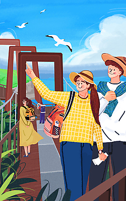 전신 PSD 구름 부부 여자 남자 일러스트 배낭 갈매기 세마리 여러명 상반신 성인 여행객 가리킴 풀 나무다리 부산 국내여행 동백섬 흔들다리 성인만 국내일러스트 자연요소 식물 커플 섬 여행 다수 가방 조류 한국 3 사람 손짓 다리_건축물 파일형식