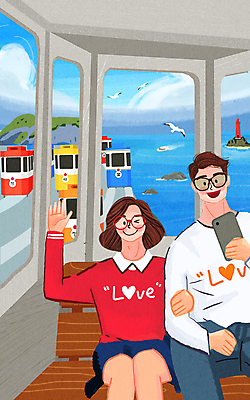 PSD 구름 부부 여자 남자 섬 하늘색 일러스트 갈매기 등대 세마리 들기 상반신 성인 두명 스마트폰 손들기 팔짱 부산 국내여행 성인만 국내일러스트 자연요소 커플 여행 모션 조류 한국 3 사람 파란색 핸드폰 스마트기기 파일형식