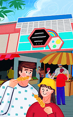 전신 PSD 부부 커플 여자 남자 일러스트 서기 들기 여러명 상반신 성인 시장 먹기 어묵꼬치 부산 과일가게 국내여행 성인만 부산어묵 국내일러스트 여행 다수 관계 모션 한국 사람 상점 꼬치 어묵 특산물 파일형식