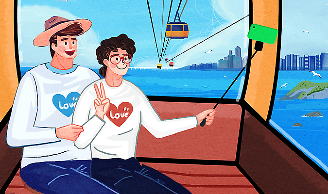 PSD 모자 부부 여자 남자 바다 일러스트 갈매기 들기 앉기 상반신 성인 두명 건물 셀프카메라 커플티 브이 케이블카 부산 국내여행 셀카봉 해운대 성인만 국내일러스트 건축물 커플 잡화 여행 모션 조류 한국 사람 손짓 사진촬영 커플룩 파일형식