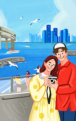 PSD 구름 부부 여자 남자 바다 요트 일러스트 갈매기 세마리 서기 미소 들기 여러명 상반신 성인 파란색 여행객 카메라 크루즈 부산 국내여행 성인만 국내일러스트 자연요소 커플 컬러 여행 다수 배_교통 모션 조류 한국 표정 3 사람 전자제품 파일형식