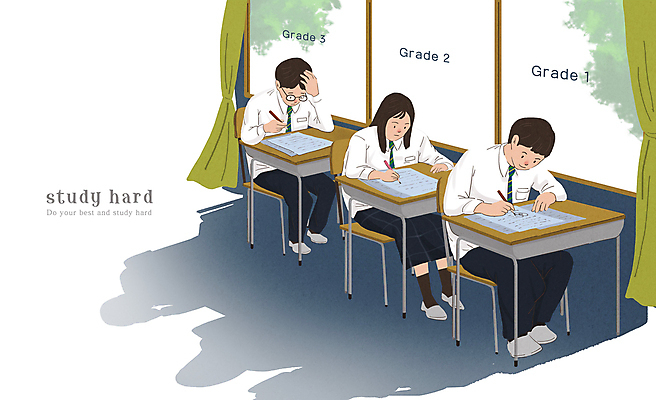 전신 PSD 학생 여자 남자 교복 일러스트 창문 청소년 그림자 앉기 세명 경쟁 수능 시험 기록 커튼 집중 책상 입시 수험생 시험지 열공 십대만 안경낌 국내일러스트 옷 교육 안경 가구 컨셉 모션 고등학생 사람 학습 파일형식