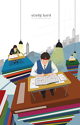 전신 PSD 학생 여자 남자 교복 일러스트 청소년 전등 앉기 책 세명 경쟁 수능 기록 집중 책상 입시 수험생 열공 책더미 십대만 국내일러스트 옷 가구 컨셉 모션 고등학생 조명 사람 학습 시험 무더기 파일형식