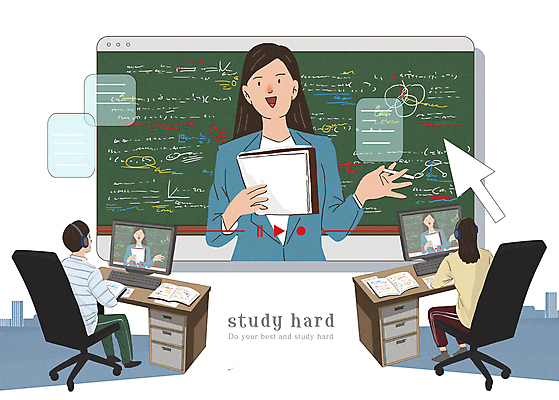 전신 PSD 학생 여자 남자 의자 일러스트 청소년 수업 설명 들기 앉기 상반신 성인 책 세명 컴퓨터 스크린 모니터 강사 칠판 가르침 책상 커서 동영상 열공 온라인강의 언택트 온택트 국내일러스트 직업 교육 가구 모션 사람 전자제품 학습 강의 파일형식