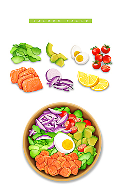 PSD 그릇 일러스트 식재료 방울토마토 사람없음 신선 양상추 레몬 담기 연어 삶은계란 아보카도 건강식 연어샐러드 저칼로리식단 적양파 국내일러스트 식기 음식 토마토 채소 과일 모션 양파 어류 계란 샐러드 계란요리 식단 저칼로리 파일형식