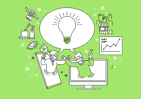 PSD 여자 남자 말풍선 일러스트 전구 그래프 아이디어 창조 웃음 들기 상반신 성인 두명 연두색 스마트폰 손들기 상점 모니터 확성기 기계 가리킴 반도체 공모전 드론 로봇팔 반도체칩 성인만 신기술 국내일러스트 컨셉 모션 기술 표정 사람 손짓 초록색 핸드폰 스마트기기 컴퓨터 메모리칩 로봇 파일형식