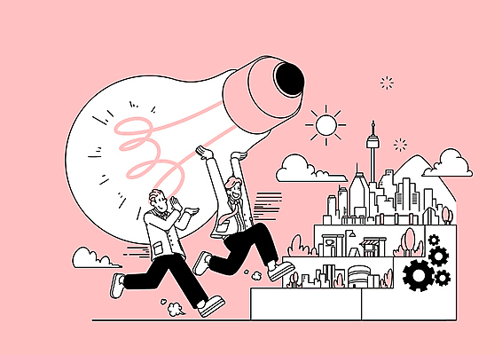 전신 PSD 구름 남자 분홍색 일러스트 전구 아이디어 창조 들기 정장 빌딩 성인 두명 건물 달리기 태양 탑 도시 비즈니스맨 운반 발전 큼 톱니바퀴 지역 공모전 성인남자만 국내일러스트 자연요소 건축물 옷 컬러 컨셉 비즈니스 모션 사람 직장인 크기 남자만 성인만 파일형식