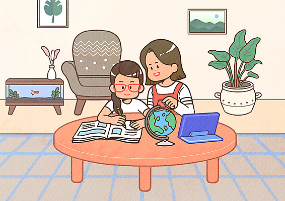 PSD 여자 어린이교육 화분 어린이 액자 거실 의자 일러스트 탁자 모녀 함께함 앉기 소녀 상반신 성인 두명 태블릿 연필 지구본 꽃병 카펫 기록 가르침 어항 집중 문제집 홈스쿨 홈스쿨링 여자만 안경낌 언스쿨링 국내일러스트 교육 꽃 딸 안경 가구 컨셉 가족 모션 엄마 학용품 사람 책 전자제품 스마트기기 필기구 파일형식