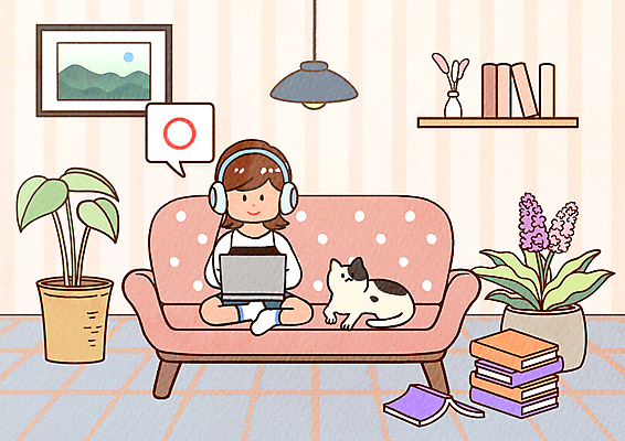 전신 PSD 한마리 여학생 여자 꽃 화분 액자 말풍선 거실 일러스트 청소년 고등학생 전등 선반 한명 앉기 책 노트북 소파 헤드셋 고양이 집중 홈스쿨 홈스쿨링 십대여자한명만 반려묘 고등교육 국내일러스트 식물 1 학생 교육 음향기기 가구 컨셉 의자 포유류 모션 조명 사람 전자제품 반려동물 헤드폰 여자한명만 십대여자만 파일형식