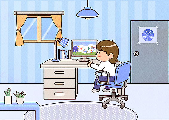 전신 PSD 여학생 여자 화분 하늘색 의자 일러스트 창문 청소년 고등학생 전등 한명 앉기 컴퓨터 문 모니터 카펫 스탠드 커튼 책상 공부방 온라인강의 홈스쿨 홈스쿨링 십대여자한명만 고등교육 국내일러스트 1 학생 교육 가구 모션 조명 사람 파란색 전자제품 강의 여자한명만 십대여자만 파일형식 언택트