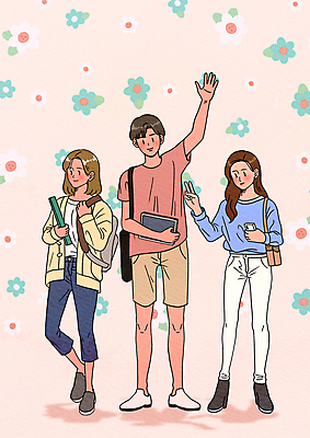 전신 PSD 여자 남자 꽃 대학생 일러스트 대학생라이프 책가방 서기 들기 성인 책 세명 스마트폰 태블릿 손들기 캠퍼스라이프 브이 손인사 매기 성인만 국내일러스트 식물 학생 라이프스타일 가방 모션 사람 손짓 전자제품 핸드폰 스마트기기 인사 파일형식