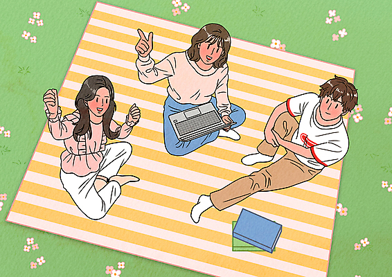 전신 PSD 여자 남자 꽃 대학생 일러스트 대학생라이프 함께함 앉기 잔디 성인 책 세명 노트북 캠퍼스라이프 주먹 올려보기 돗자리 성인만 조별과제 국내일러스트 식물 학생 라이프스타일 컨셉 모션 사람 전자제품 과제 파일형식