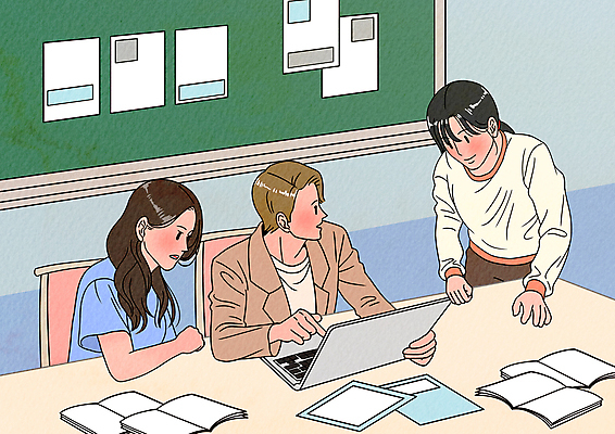 PSD 여자 남자 대학생 의자 일러스트 회의 협력 대학생라이프 함께함 말하기 앉기 상반신 성인 책 세명 노트북 캠퍼스라이프 칠판 가리킴 잡기 집중 책상 준비 소통 공모전 성인만 조별과제 국내일러스트 학생 라이프스타일 가구 컨셉 비즈니스 모션 사람 손짓 전자제품 과제 파일형식