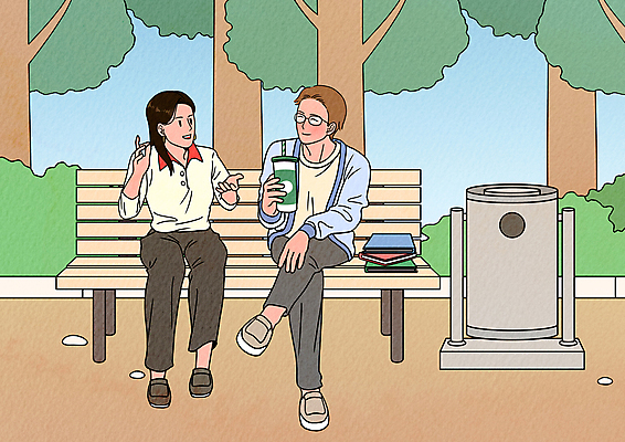 전신 PSD 나무 공원 여자 남자 커피 대학생 벤치 일러스트 대학생라이프 말하기 대화 웃음 앉기 성인 두명 책 마주보기 캠퍼스라이프 다리꼬기 쓰레기통 풀 즐거움 소통 담소 의사소통 텀블러 성인만 안경낌 국내일러스트 식물 학생 라이프스타일 공공시설 감정 안경 음료 컨셉 의자 모션 표정 사람 컵 파일형식