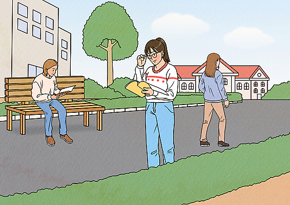 전신 PSD 나무 여자 대학생 벤치 일러스트 대학생라이프 서기 들기 앉기 성인 건물 책 세명 걷기 캠퍼스라이프 풀 대학교 성인여자만 안경낌 국내일러스트 식물 학생 라이프스타일 건축물 안경 의자 학교 모션 사람 여자만 성인만 파일형식