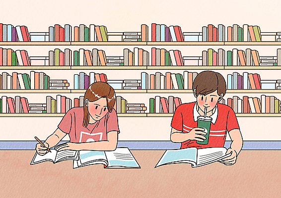 PSD 여자 남자 커피 대학생 일러스트 대학생라이프 교재 책장 앉기 상반신 성인 두명 책 캠퍼스라이프 마시기 기록 도서관 집중 과제 시험공부 텀블러 성인만 국내일러스트 학생 라이프스타일 교육 음료 가구 컨셉 모션 사람 컵 학습 파일형식