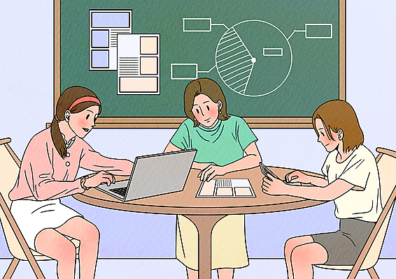 PSD 여자 대학생 의자 일러스트 회의 그래프 협력 대학생라이프 함께함 말하기 앉기 상반신 성인 세명 노트북 태블릿 캠퍼스라이프 칠판 동아리 원형탁자 성인여자만 국내일러스트 학생 라이프스타일 가구 컨셉 비즈니스 모션 탁자 사람 전자제품 스마트기기 여자만 성인만 파일형식