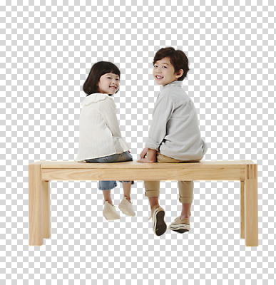 전신 편집 편집이미지 여자 남자 어린이 남매 미소 웃음 누끼 앉기 소녀 소년 두명 한국인 뒤돌아보기 나무의자 장의자 PNG 어린이만 편집소스 의자 가족 모션 표정 사람 동양인 목재 파일형식