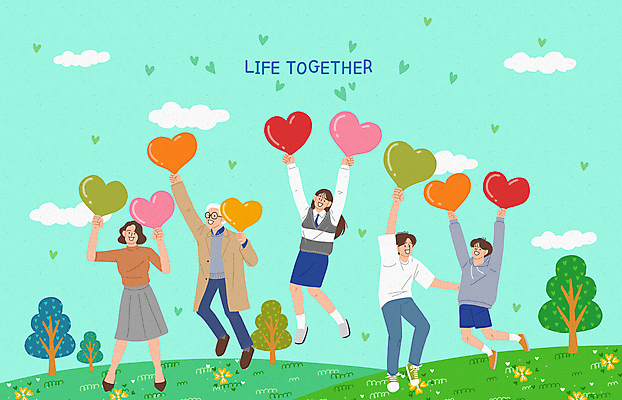 전신 PSD 나무 구름 학생 여자 노년 남자 꽃 어린이 일러스트 청소년 들기 소년 초원 여러명 청년 성인 점프 만세 즐거움 가정의달 하트풍선 민트색 국내일러스트 자연요소 식물 감정 컬러 다수 모션 사람 하트 5월 풍선 파일형식