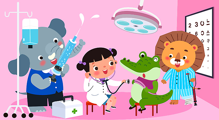 전신 직업 여자 어린이 분홍색 의자 일러스트 청진기 코끼리 주사기 한명 들기 앉기 소녀 친구 진료 환자 의사 구급상자 사자 링거 악어 장래희망 목발 링거걸이 시력검사표 소녀한명만 국내일러스트 AI파일 1 컬러 가구 포유류 의학 관계 의료기기 파충류 모션 사람 의료진 의료용품 여자한명만 소녀만 파일형식 벡터