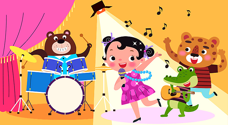 전신 직업 여자 어린이 음악 연주 음표 일러스트 곰 조명 세마리 한명 서기 들기 소녀 친구 노란색 가수 무대 기타 커튼 마이크 드럼 악어 장래희망 표범 드럼스틱 소녀한명만 국내일러스트 AI파일 동물 1 기호 컬러 음향기기 포유류 관계 파충류 모션 현악기 문화예술 타악기 3 사람 음악가 여자한명만 소녀만 파일형식 벡터