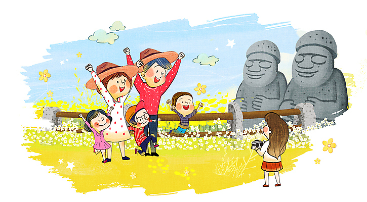 전신 PSD 구름 모자 여자 남자 딸 아들 어린이 일러스트 가족 엄마 서기 들기 소녀 소년 여러명 성인 제주도 카메라 점프 사진촬영 만세 아빠 돌하르방 유채 가족사진 국내여행 유채밭 국내일러스트 자연요소 잡화 꽃 여행 다수 밭 관계 모션 한국 사람 전자제품 촬영 파일형식 단체사진