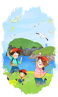 전신 PSD 구름 여자 남자 별 아들 어린이 일러스트 가족 갈매기 하늘 엄마 세마리 소년 성인 세명 점프 아빠 관음도 국내여행 흔들다리 국내일러스트 자연요소 섬 여행 관계 모션 조류 3 사람 다리_건축물 울릉도 파일형식