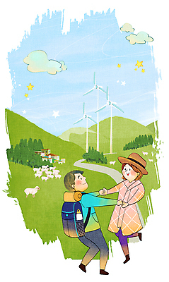 전신 PSD 나무 구름 커플 여자 남자 별 여러마리 일러스트 배낭 가족 성인 두명 연두색 마주보기 손잡기 양 풍력에너지 언덕 국내여행 대관령양떼목장 성인만 국내일러스트 자연요소 식물 여행 다수 가방 포유류 관계 모션 사람 초록색 그린에너지 파일형식