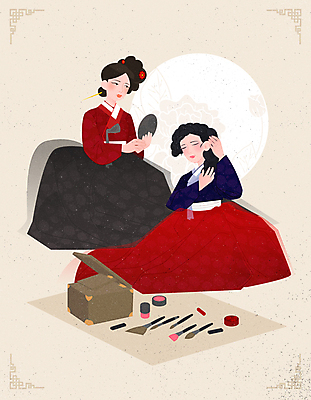 전신 여자 패션 전통문화 일러스트 앉기 성인 두명 화장 화장품 화장용품 한복 손거울 머리손질 경대 기생 메이크업브러쉬 성인여자만 국내일러스트 AI파일 직업 한국전통 전통 문화 모션 전통소품 사람 뷰티 거울 붓 미용용품 전통의상 여자만 성인만 파일형식 벡터