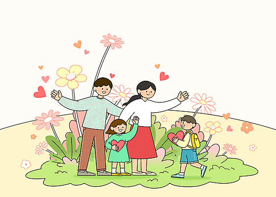 전신 여자 남자 딸 행복 아들 어린이 일러스트 봄꽃 가족 엄마 팔벌리기 함께함 가족애 미소 웃음 들기 소녀 소년 여러명 성인 손들기 걷기 봄 만남 하트 풀 아빠 손인사 환영 입양 입양아 국내일러스트 AI파일 모양 식물 계절 꽃 감정 다수 컨셉 관계 모션 표정 사랑 사람 인사 파일형식 벡터
