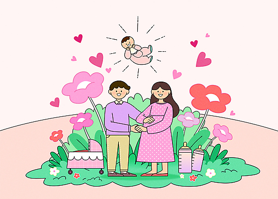 전신 여자 남자 행복 분홍색 일러스트 봄꽃 가족 신혼부부 엄마 함께함 가족애 서기 웃음 성인 공중 세명 손잡기 봄 임산부 임신 하트 아기 풀 아빠 젖병 요람 국내일러스트 AI파일 모양 식물 부부 계절 꽃 감정 컬러 컨셉 관계 모션 표정 사랑 사람 아기용품 신혼 파일형식 벡터