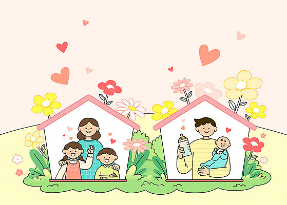 여자 남자 딸 행복 아들 어린이 일러스트 봄꽃 엄마 주택 함께함 가족애 미소 웃음 들기 소녀 소년 여러명 상반신 성인 봄 육아 하트 아기 풀 아빠 젖병 손인사 결손가정 집모양 들어올리기 어깨에손 육아대디 싱글대디 싱글맘 한부모가족 국내일러스트 AI파일 모양 식물 계절 꽃 감정 다수 컨셉 가정 가족 모션 표정 사랑 사람 건물 아기용품 인사 파일형식 벡터