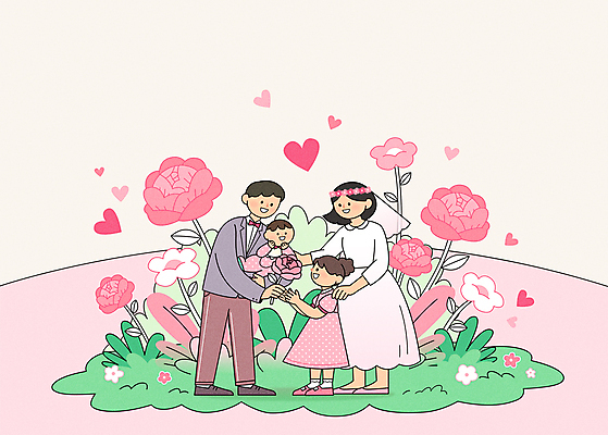 전신 여자 남자 딸 행복 아들 어린이 분홍색 웨딩드레스 일러스트 봄꽃 엄마 함께함 면사포 가족애 서기 미소 웃음 들기 정장 턱시도 소녀 여러명 성인 장미 봄 만남 하트 아기 풀 아빠 주기 들어올리기 재혼 재혼가정 국내일러스트 AI파일 모양 식물 드레스 옷 계절 꽃 감정 컬러 다수 결혼 컨셉 가족 모션 표정 사랑 사람 결혼소품 파일형식 벡터