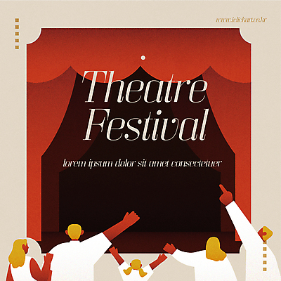 여자 남자 어린이 일러스트 소녀 여러명 상반신 성인 타이포그라피 빨간색 손들기 축제 공연 만세 무대 가리킴 커튼 군중 공연장 연극 공연예술 연극공연 지역축제 대한민국축제 예술축제 연극축제 국내일러스트 AI파일 문자 예술 컬러 다수 모션 문화예술 사람 손짓 이벤트 극장 파일형식 벡터