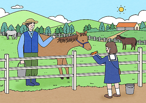 전신 PSD 구름 여자 남자 어린이 일러스트 세마리 서기 들기 소녀 초원 성인 두명 울타리 태양 목장 당근 말_동물 양동이 주기 목장체험 낙농업 쓰다듬기 국내일러스트 자연요소 산업 포유류 모션 뿌리채소 3 사람 담장 체험학습 파일형식