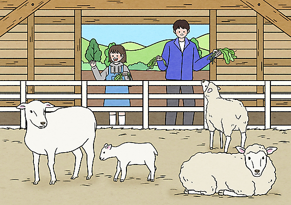 PSD 여자 남자 딸 어린이 새끼 여러마리 일러스트 들기 소녀 상반신 성인 두명 울타리 농가 손들기 목장 양 풀 아빠 볏짚 먹이 축사 주기 손인사 목장체험 낙농업 양목장 부녀 국내일러스트 식물 동물 건축물 산업 다수 포유류 가족 모션 사람 담장 농장 인사 체험학습 짚 축산업 파일형식