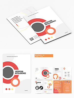 템플릿 리플렛 팜플렛 사람없음 주황색 흰색 원형 스마트 로봇 얼굴모양 QR코드 로봇팔 인디자인 INDD AI_인공지능 이미지템플릿 모양 도형 얼굴 컬러 컨셉 파일형식