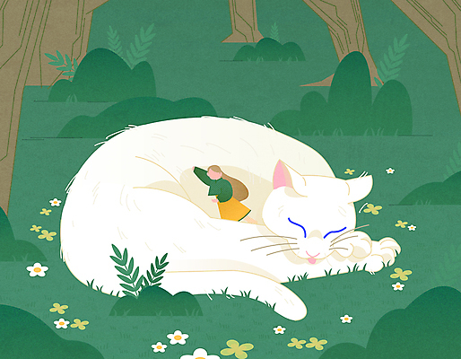 전신 나무 여자 꽃 일러스트 휴식 함께함 한명 성인 초록색 반려동물 눕기 고양이 기댐 풀 숲속 큼 낮잠 힐링 웅크림 위로 성인여자한명만 반려묘 국내일러스트 AI파일 식물 동물 1 컬러 컨셉 포유류 모션 사람 잠 숲 크기 여자한명만 성인여자만 파일형식 벡터